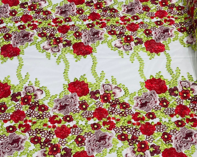 Multi Color Floral Design Lace Fabric - by the yard - Embroidered on White Mesh Lace Fabric, Floral Bridal Lace Wedding
