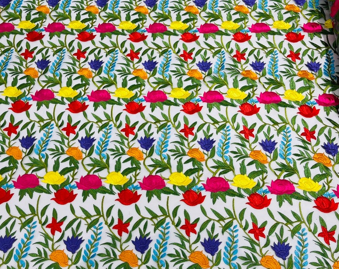 Multi color Floral Lace - by the yard- Embroidered on Ivory Mesh Lace Fabric, Bridal Wedding Floral Mesh (Pick a Size)
