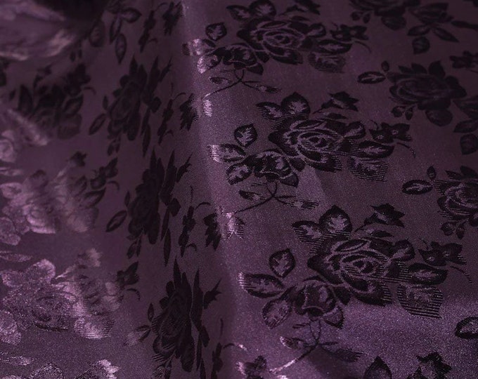 Eggplant Flower Brocade Jacquard Satin Fabric, Sold By The Yard Polyester Satin Floral Wide 58/60"  (Choose The Quantity)
