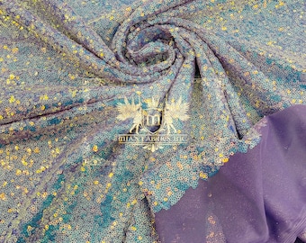 Aqua Blue Iridescent Mini Glitz Sequins on Lilac Mesh 4 Way Stretch Sequin Fabric Dresses-Nightgowns-Prom Gown (Choose The Size)