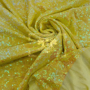 Yellow Iridescent Mini Glitz Sequins on Yellow Mesh 4 Way Stretch Sequin Fabric Dresses-Nightgowns-Prom Gown (Choose The Size)