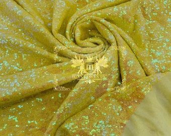Yellow Iridescent Mini Glitz Sequins on Yellow Mesh 4 Way Stretch Sequin Fabric Dresses-Nightgowns-Prom Gown (Choose The Size)