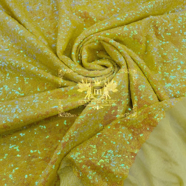 Yellow Iridescent Mini Glitz Sequins on Yellow Mesh 4 Way Stretch Sequin Fabric Dresses-Nightgowns-Prom Gown (Choose The Size)