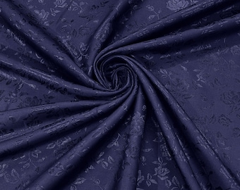 Navy Blue Floral Brocade Jacquard Satin Fabric - 58/60" Wide
