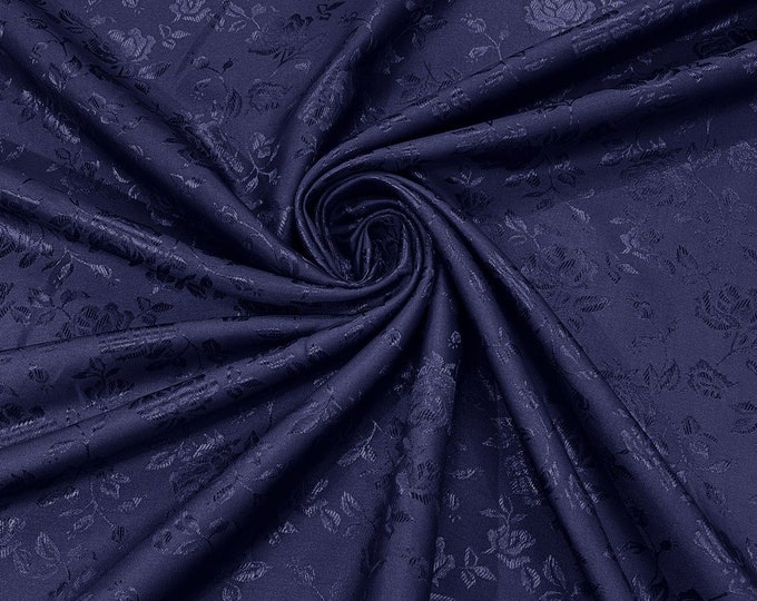 Navy Blue Flower Brocade Jacquard Satin Fabric, Sold By The Yard Polyester Satin Floral Wide 58/60"  (Choose The Quantity)