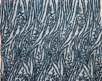 Teal Blue Damask Sequin Fabric, 4-Way Stretch Spandex Mesh, Gala Gown