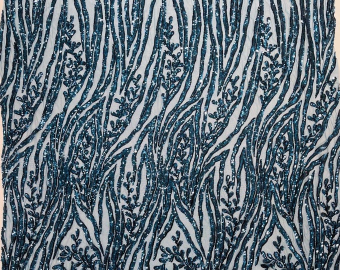 Teal Blue Sequin Fabric 4 Way Stretch Damask Design Sequins on Spandex Mesh Prom Gala Gown Fabric By The Yard