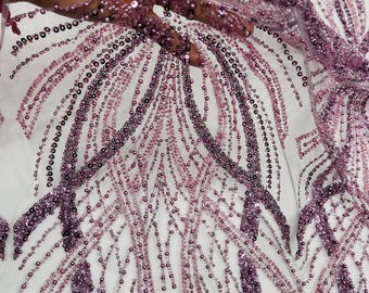 Dark Plum Embroidery Beaded Fabric With Sequin on a Mesh, Beaded Fabric Floral Bridal Lace Fabric by the yard