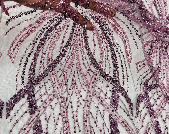 Dark Plum Embroidery Beaded Fabric With Sequin on a Mesh, Beaded Fabric Floral Bridal Lace Fabric by the yard
