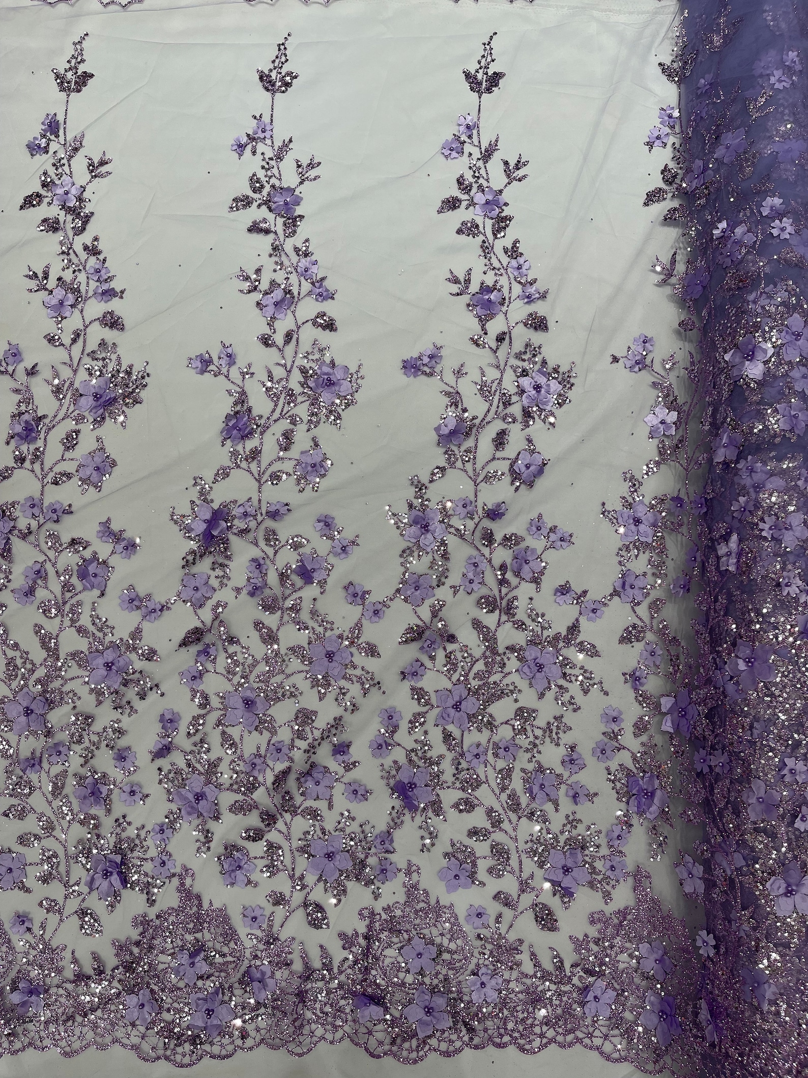 Lilac 3D Flower Glitter Sequin Fabric by the Yard, 3D Floral Glitter ...