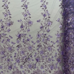 Lilac 3D Flower Glitter Sequin Fabric by the Yard, 3D Floral Glitter ...