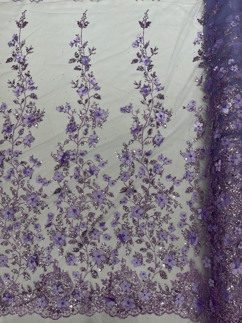 Lilac 3D Flower Glitter Sequin Fabric by the Yard, 3D Floral Glitter ...