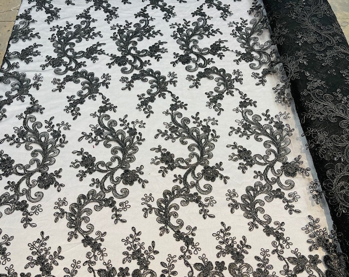 Black Lace, Floral Lace Fabric, Embroidery With Sequins on a Mesh Lace Fabric By The Yard For Gown, Wedding-Bridal (Choose The Quantity)