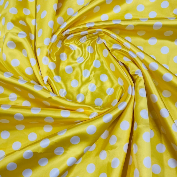 Mia Fabrics Inc, Polka Dot Satin Fabric - Yellow/White Dots - Super Soft Silky Satin Polka Dot Fabric Sold By Yard