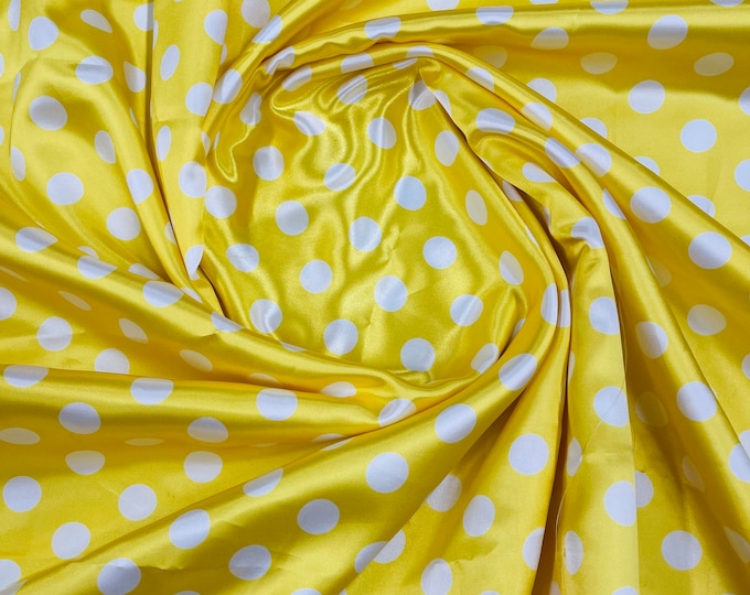 Mia Fabrics Inc, Polka Dot Satin Fabric - Yellow/White Dots - Super Soft Silky Satin Polka Dot Fabric Sold By Yard