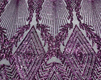 Plum Sequins Fabric - 4 Way Stretch Geometric Diamond Design on Mesh Fabric for Prom Gala Gown By The Yard