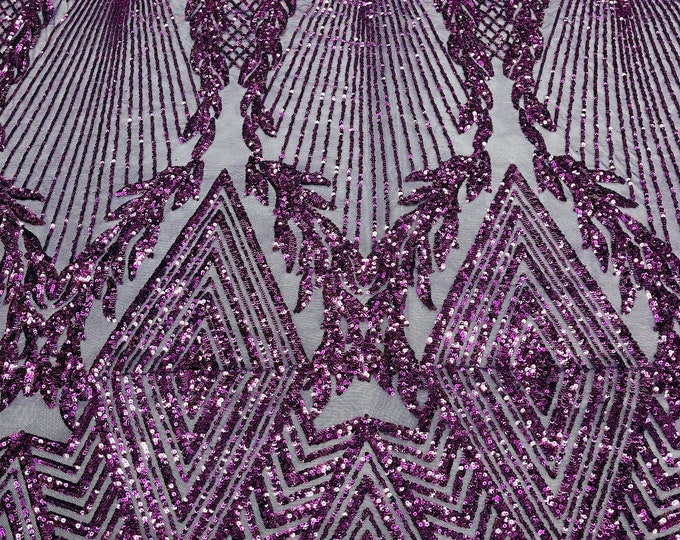 Plum Sequins Fabric - 4 Way Stretch Geometric Diamond Design on Mesh Fabric for Prom Gala Gown By The Yard