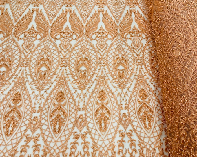 Peach Glam Damask Beaded Fabric, Embroidered Fashion Fabric with Beads Wedding Bridal Sold By Yard