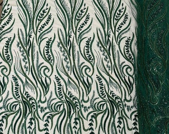 Hunter Green Beaded Embroidered Lace Fabric, Floral Mesh, By The Yard