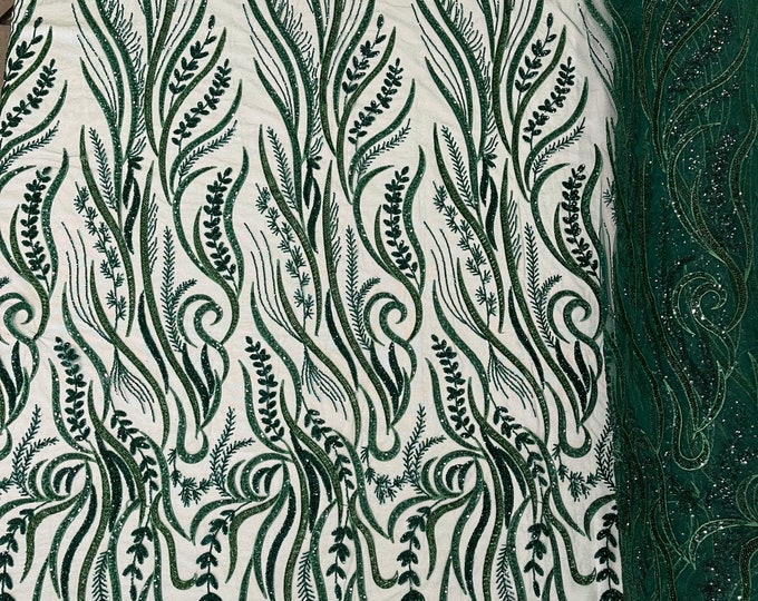 Hunter Green Beaded Fabric by the yard, Embroidered With Beaded Sequin on a Mesh, Floral Bridal Lace Fabric (Pick a size )