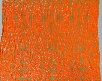 Orange Holographic Sequin Fabric – Paisley Pattern, 4-Way Stretch