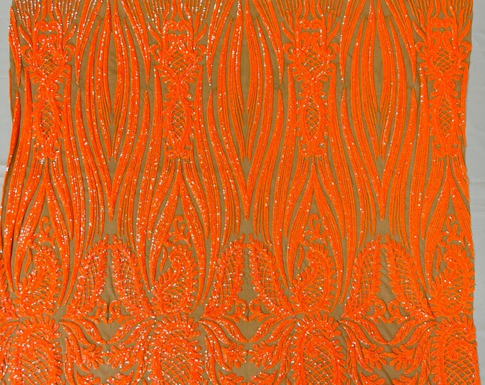 Orange Holographic Sequin Fabric on Skin Spandex Mesh - by the yard - Paisley Pattern on a 4 Way Stretch Shine Sequins Fabric Mesh-Prom-Gown