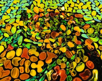 Orange Iridescent Sequins on Black Stretch Velvet Fabric