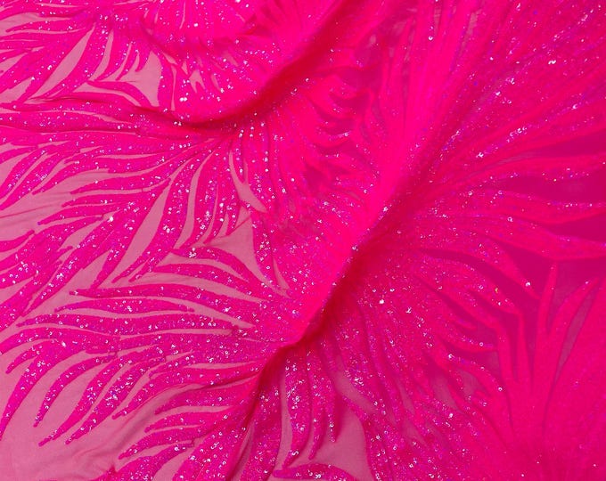 Hot Pink Iridescent Sequin Fabric By  Yard, Hot Pink Mesh 4 Way Stretch, Embroidery on a Mesh Phoenix Wing Sequins Fabric for Prom Gala Gown