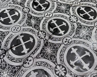 Black/Silver Cross Brocade Fabric: Religious Vestment Material - 58/60" Wide