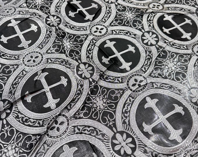Black/Silver Cross Brocade Fabric: Religious Vestment Material - 58/60" Wide