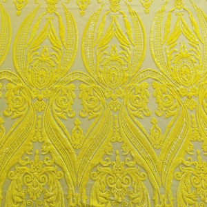 Yellow Sequins  - 4 Way Stretch Fancy Big Damask Design Sequins on Spandex Mesh Prom Gala Gown Fabric By The Yard