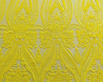 Yellow Sequins  - 4 Way Stretch Fancy Big Damask Design Sequins on Spandex Mesh Prom Gala Gown Fabric By The Yard