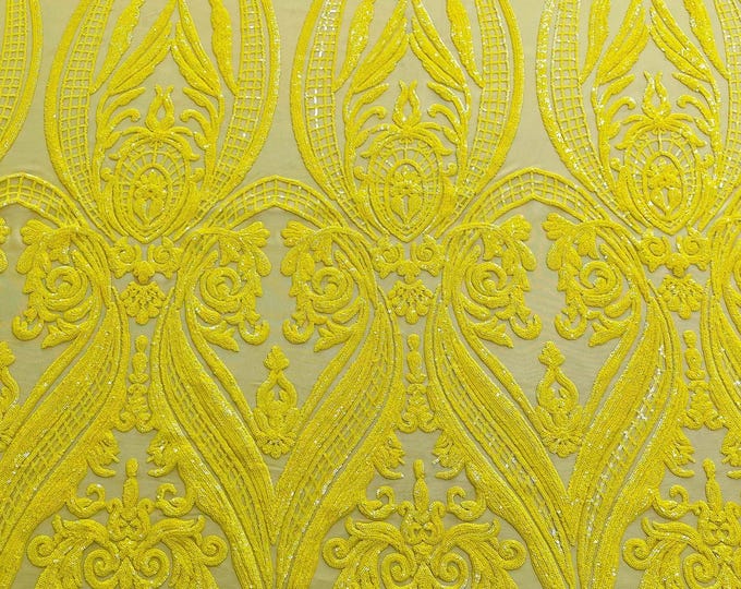 Yellow Sequins  - 4 Way Stretch Fancy Big Damask Design Sequins on Spandex Mesh Prom Gala Gown Fabric By The Yard