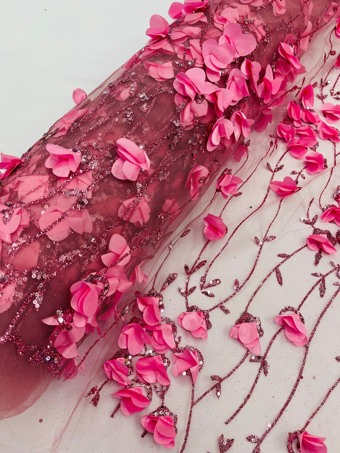 Glitter Dusky Rose Tulle: Pink 3D Flower Sequin Lace Fabric - Etsy