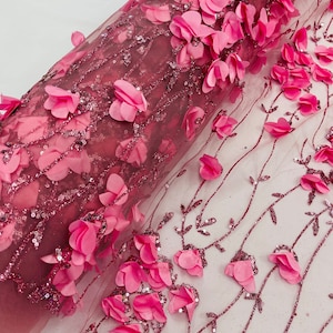 Glitter Dusy Rose Tulle | Pink 3D Flower Lace Fabric Sequin, by the yard, for wedding dress Quinceañera 3D Floral glitter Tulle With Sequins