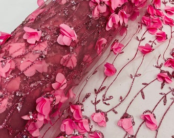 Glitter Dusky Rose Tulle: Pink 3D Flower Sequin Lace Fabric