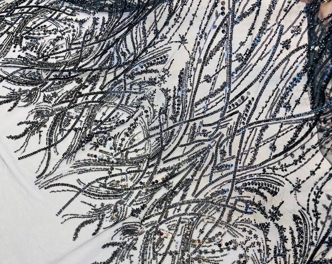 Black Beaded Lace Fabric | Beads & Sequin Embroidery By The Yard