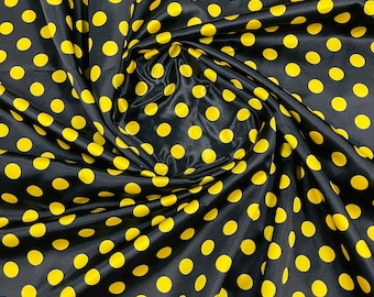 Mia Fabrics Inc, Polka Dot Satin Fabric - Black/Yellow Dots - Super Soft Silky Satin Polka Dot Fabric Sold By Yard