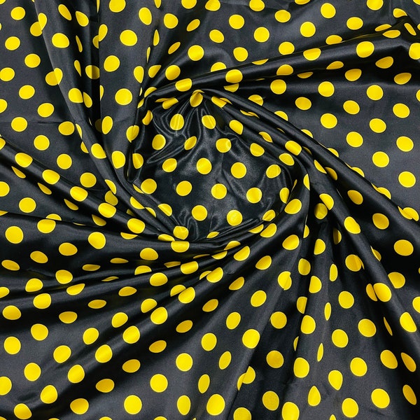 Mia Fabrics Inc, Polka Dot Satin Fabric - Black/Yellow Dots - Super Soft Silky Satin Polka Dot Fabric Sold By Yard