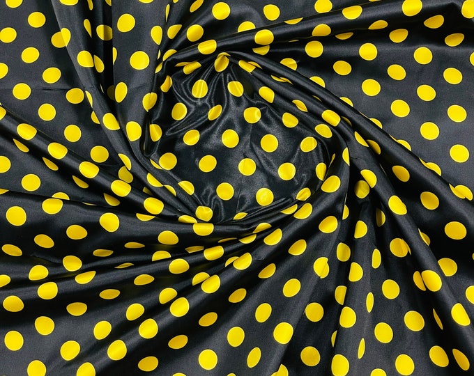Mia Fabrics Inc, Polka Dot Satin Fabric - Black/Yellow Dots - Super Soft Silky Satin Polka Dot Fabric Sold By Yard