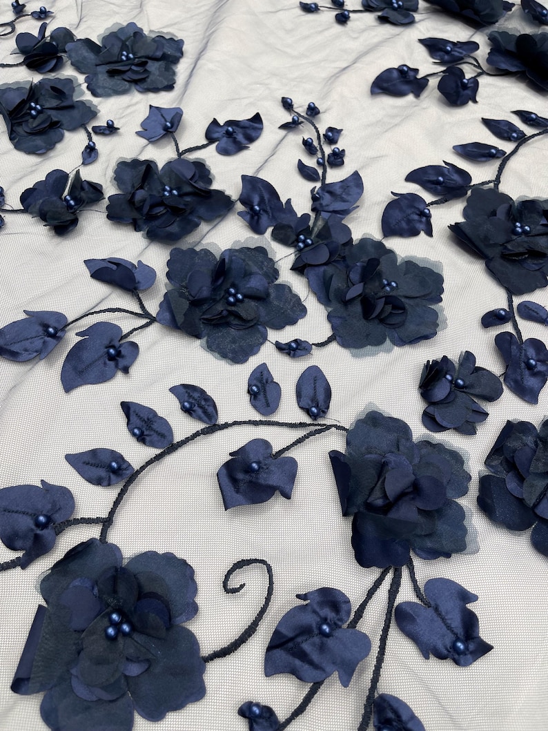 Navy Blue 3D Floral Lace Fabric With Pearls: Orquidia Design - Etsy