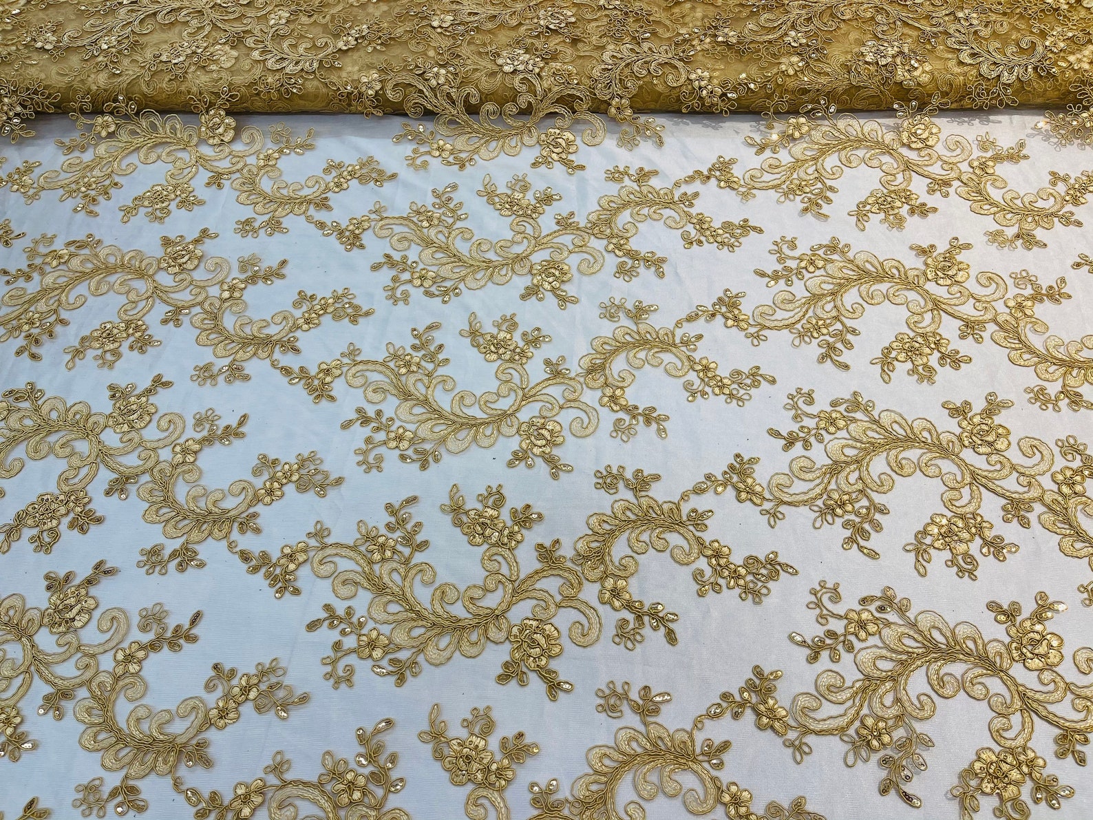 Gold Lace Floral Lace Fabric Embroidery With Sequins on a - Etsy