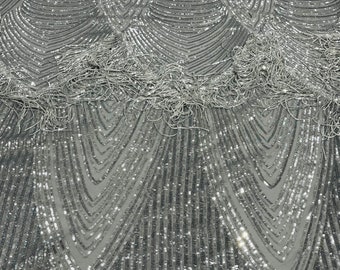 Silver Fringe Sequins on Silver Power Mesh, Fringe Design Embroidered on 4 Way Stretch Fancy Sequin ( Choose The Size )