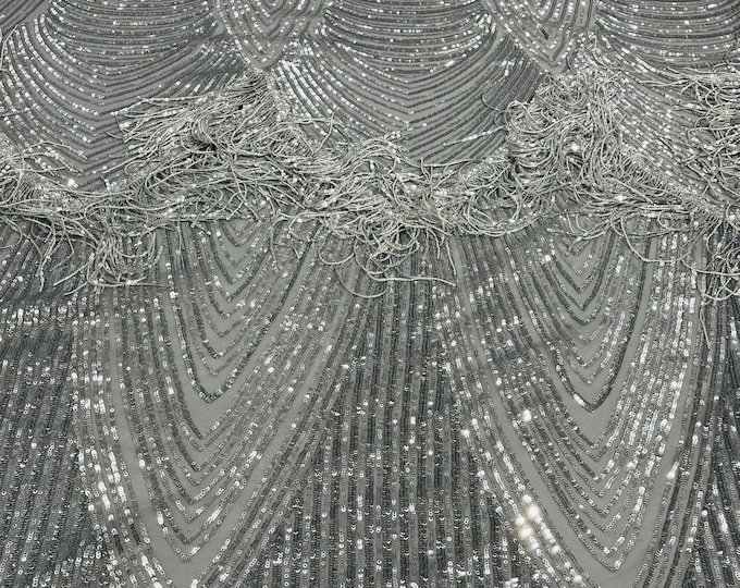 Silver Fringe Sequins on Silver Power Mesh, Fringe Design Embroidered on 4 Way Stretch Fancy Sequin ( Choose The Size )