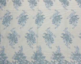 Baby Blue Floral Embroidered Lace Fabric - Scalloped Edge