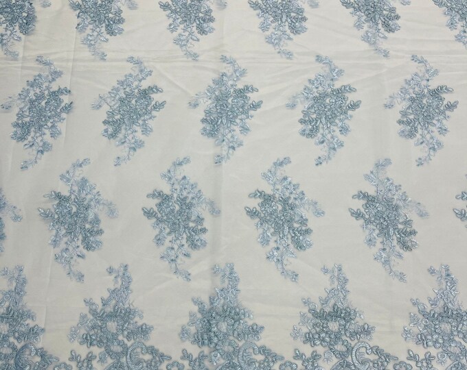 Baby Blue Floral Lace Fabric, Embroidery on a Mesh Lace Fabric By The Yard For Gown, Wedding-Bridal