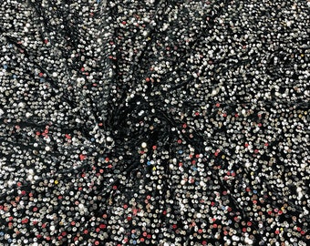 Black Stretch Velvet Fabric with Silver Sequins, 2-Way Stretch