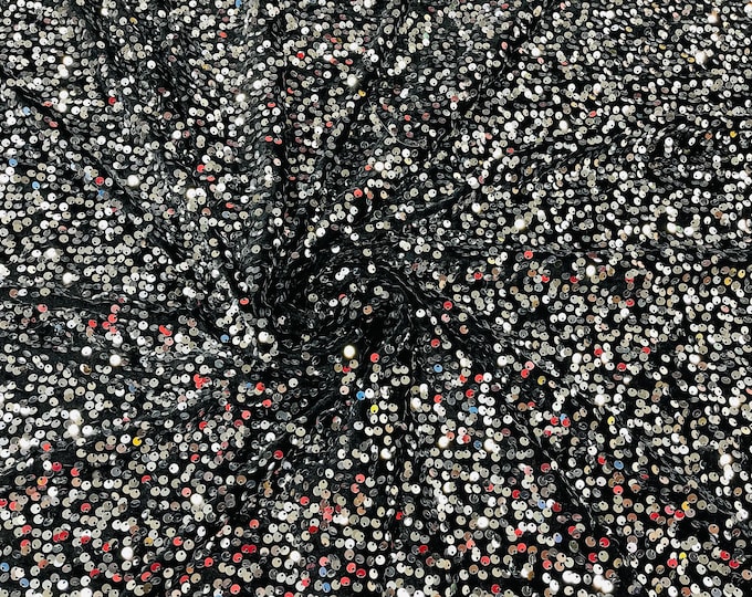 Silver Sequins on Black Stretch Velvet With Partial Luxury Sequins  5mm Shining Sequins 2-way Stretch 58/60” (Choose The Quantity)