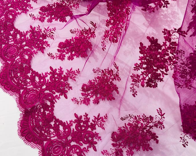 Magenta Floral Lace Fabric, Embroidery on a Mesh Lace Fabric By The Yard For Gown, Corded Flower Wedding-Bridal-Dress