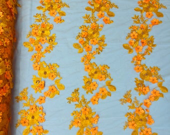 Orange 3D Floral Lace Fabric with Pearls - Bridal Wedding Lace by the yard